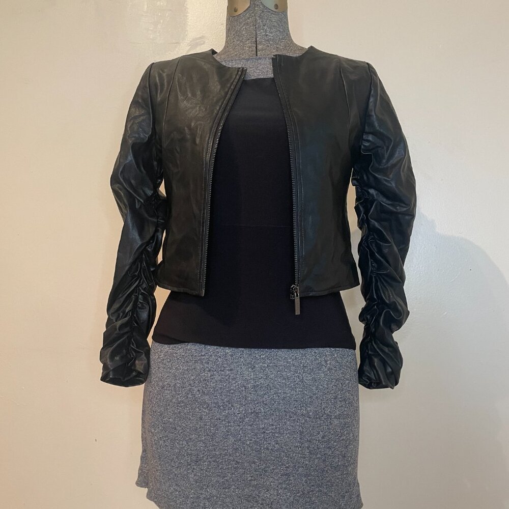 Black Kids Faux Leather Jacket with Ruched Sleeves